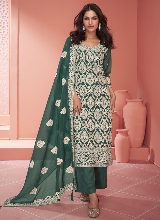 Organza Silk Green Wedding Wear Embroidery Work Salwaar Suit